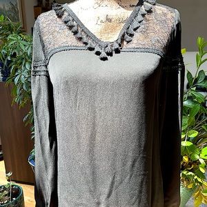 Sheer Black Long Sleeved Tassel Tunic